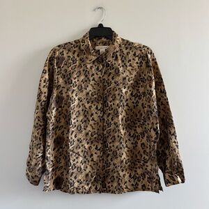VTG Button Up Top Silk Animal Print Long Sleeve Womens 14 90s Career Mob Wife